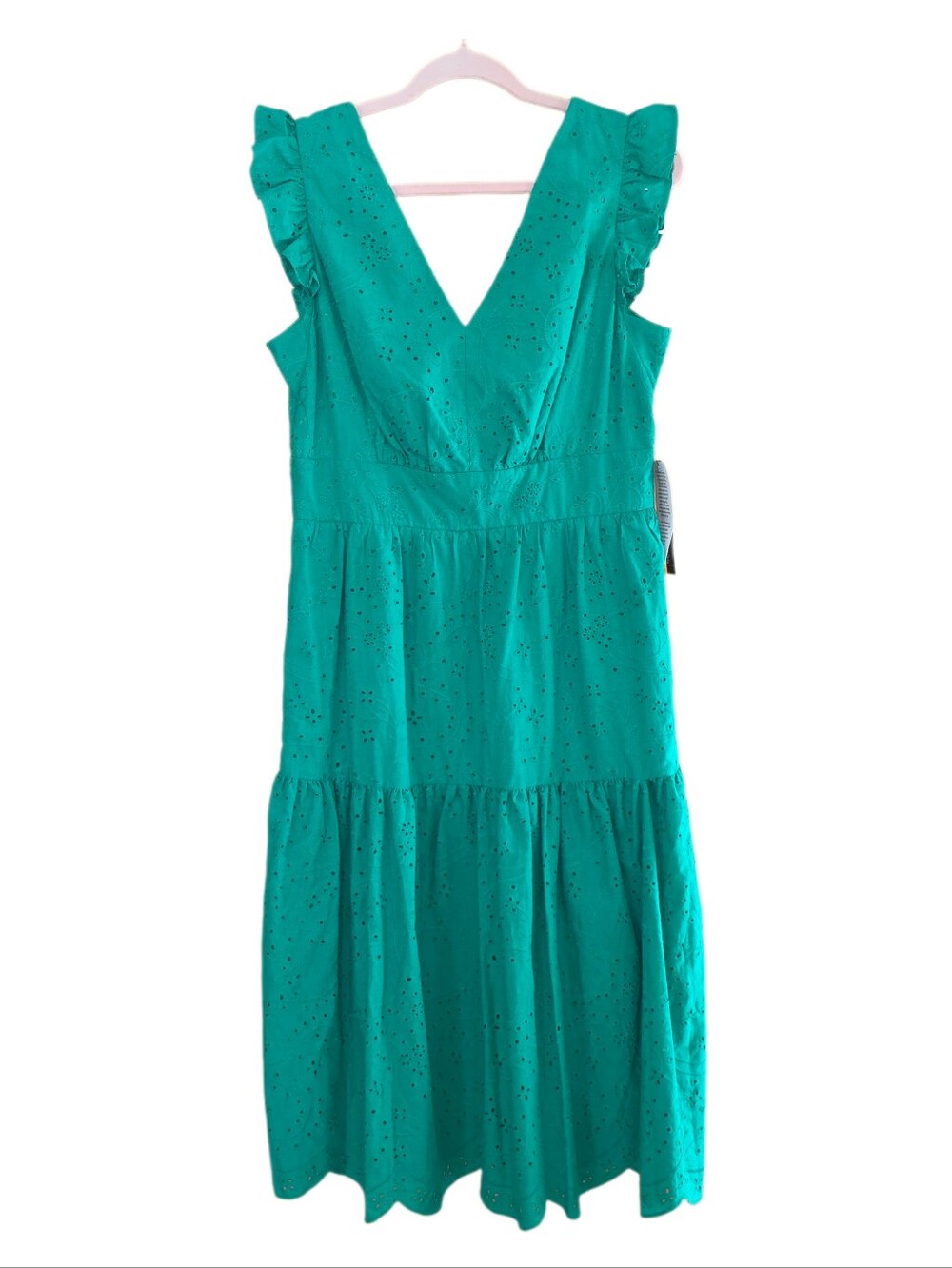 Maggie London Green Eyelet Ruffle Sleeve V-Neck Dress.